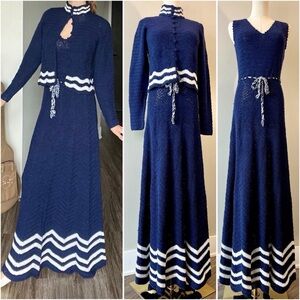 Rare Vintage 1970s Crocheted Dress & Sweater Retro Boho Hippie Nautical 70s Knit